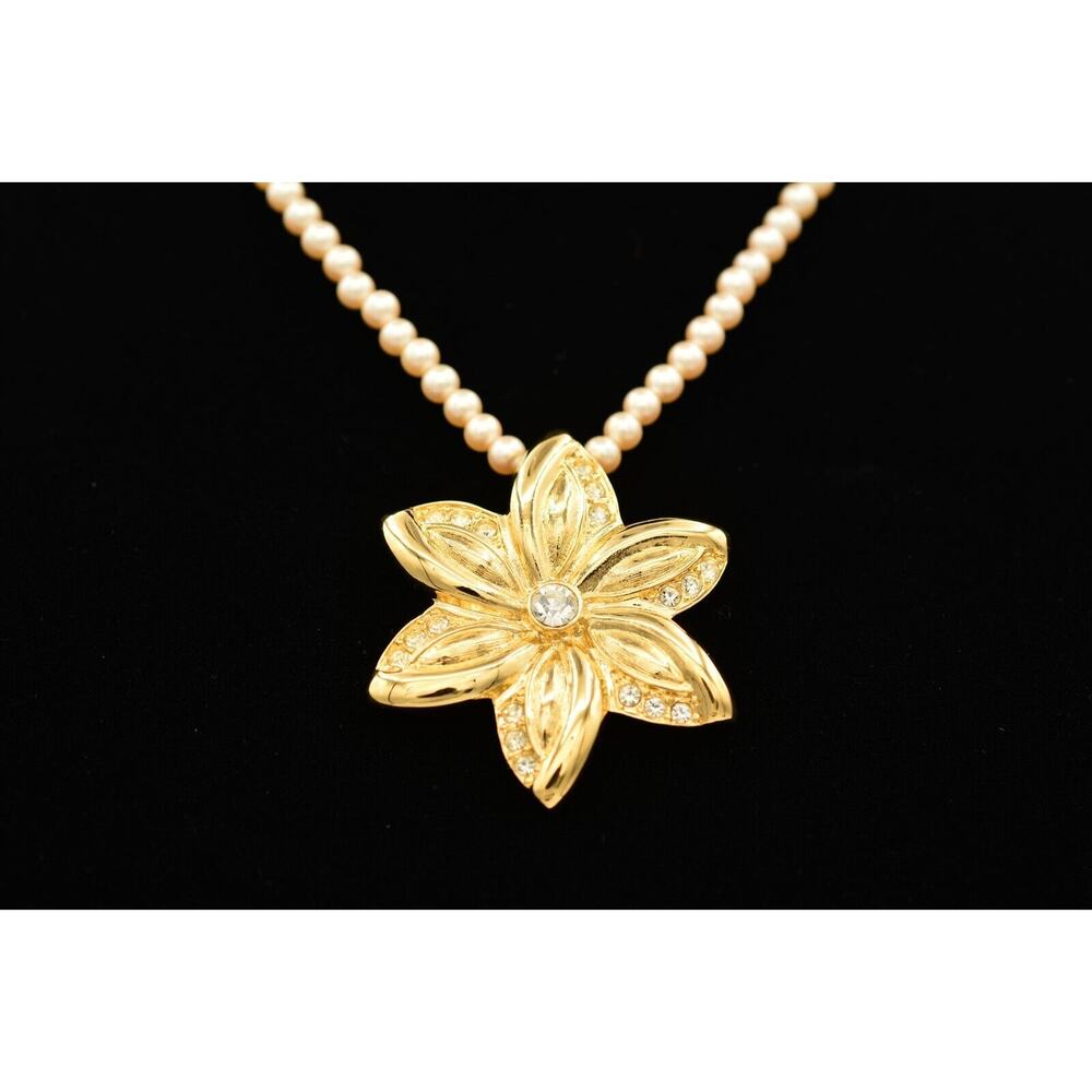 Napier Vintage Flower Necklace Brooch Pin Pearl Gold Tone Signed 1990s Bin2C